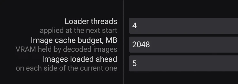 The settings for loader threads, image cache budget and images loaded ahead